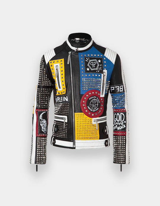 Men's Multicolor Full Studded Embroidery Patches Leather Jacket, Biker-Jacke mit Nieten